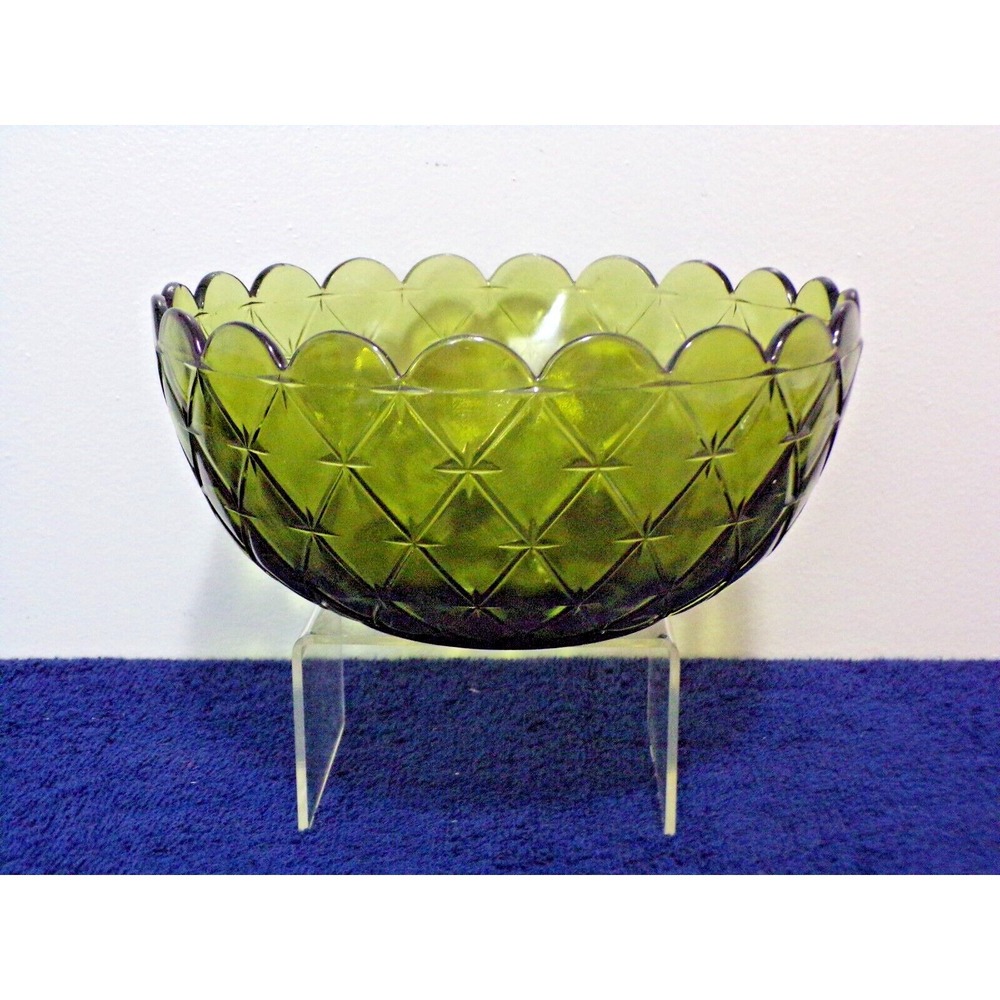 Vintage Indiana Green Glass Candy Bowl with Scalloped Edges on Pedestal